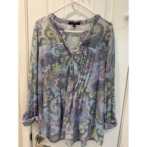Cocomo Women's 3X Paisley Sheer Blouse Purple Blue Button Front Roll Tab.   3969